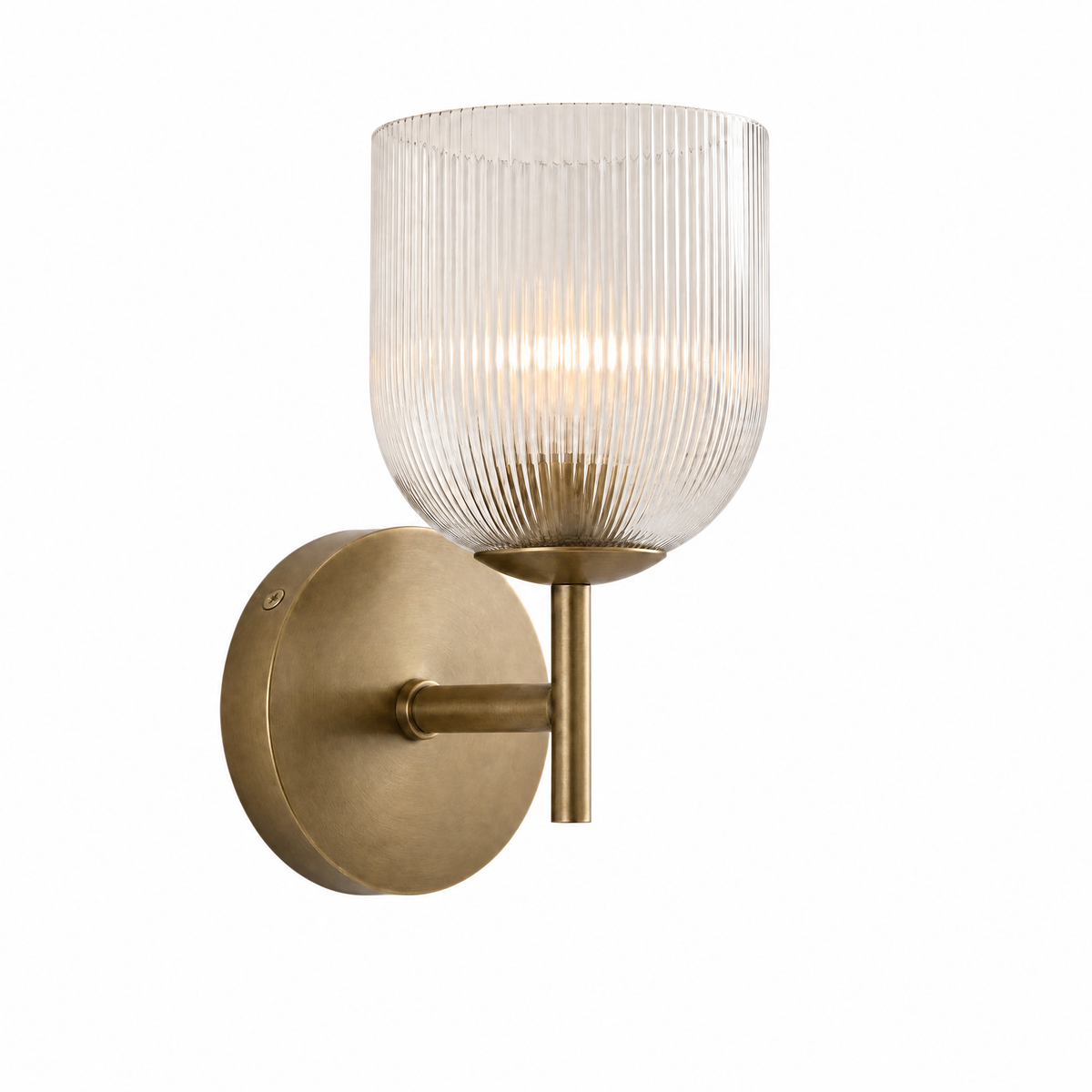 Calice Rigato brass ribbed glass wall sconce, shade up, lit, on white