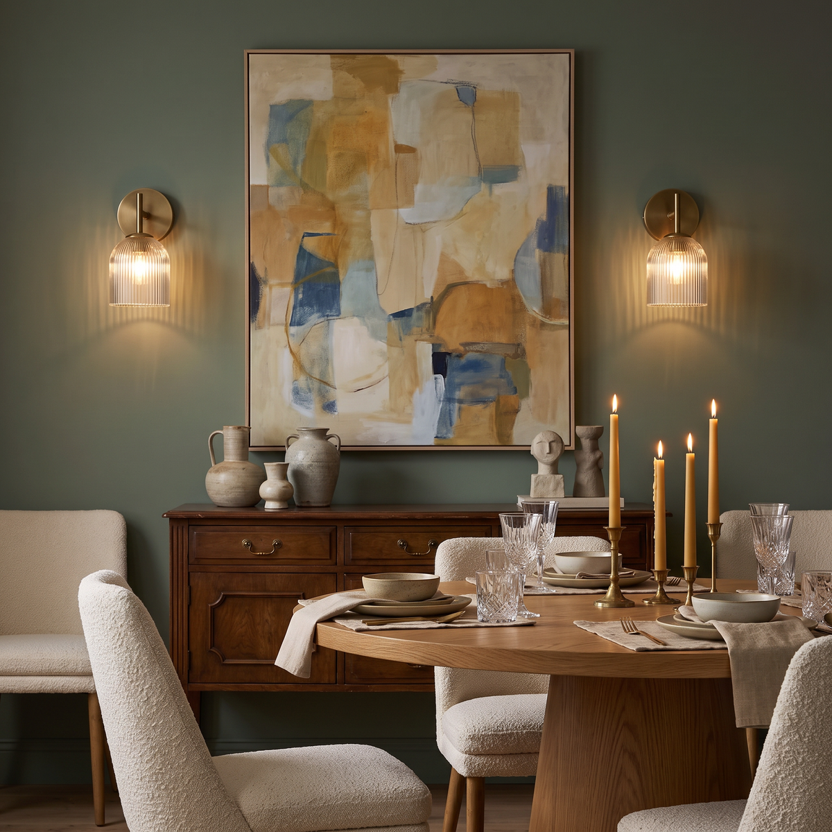 Pair of brass ribbed glass sconces flanking an abstract painting in a sage dining room