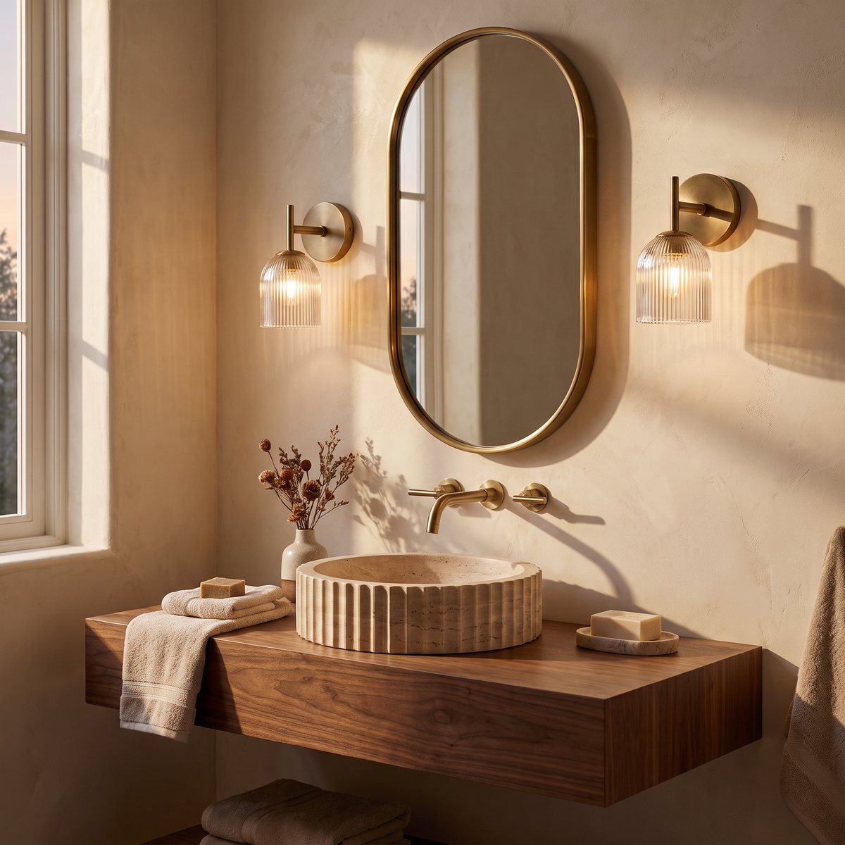 Pair of brass ribbed glass sconces mounted shade-down beside a brass mirror in a plaster powder room