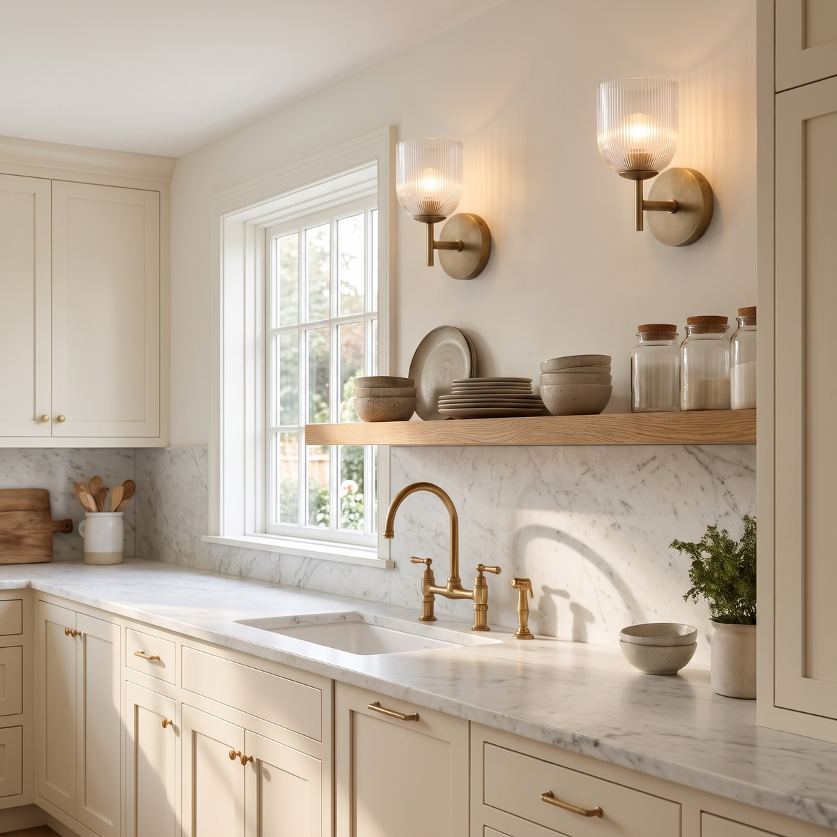 Pair of brass ribbed glass wall sconces above open shelving in a cream farmhouse kitchen