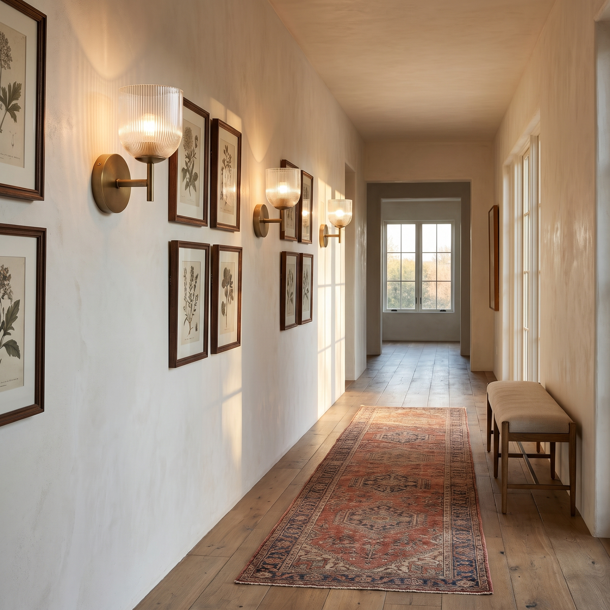 Row of brass ribbed glass wall sconces lighting a gallery hallway
