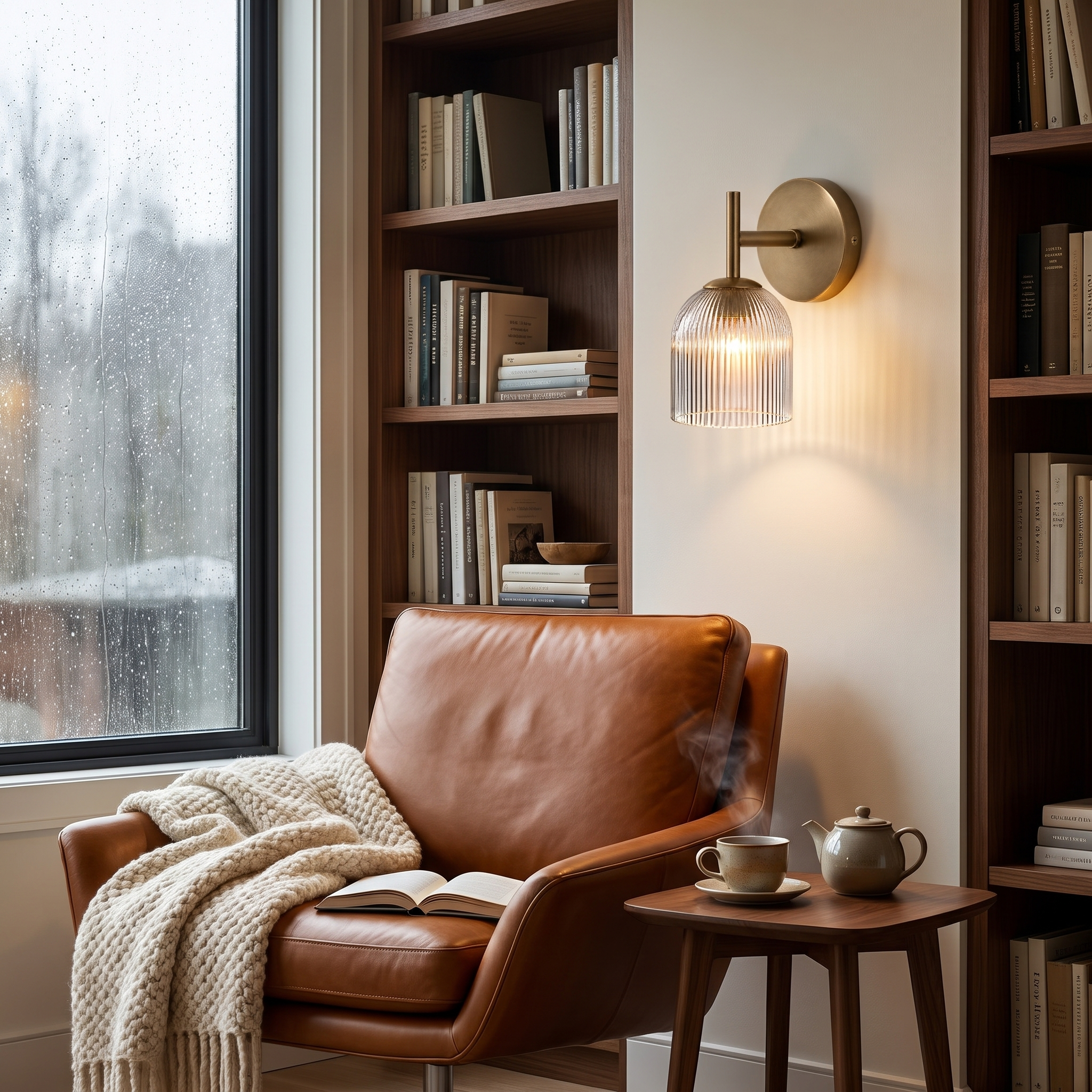 Brass ribbed glass wall sconce as a reading light beside a leather lounge chair