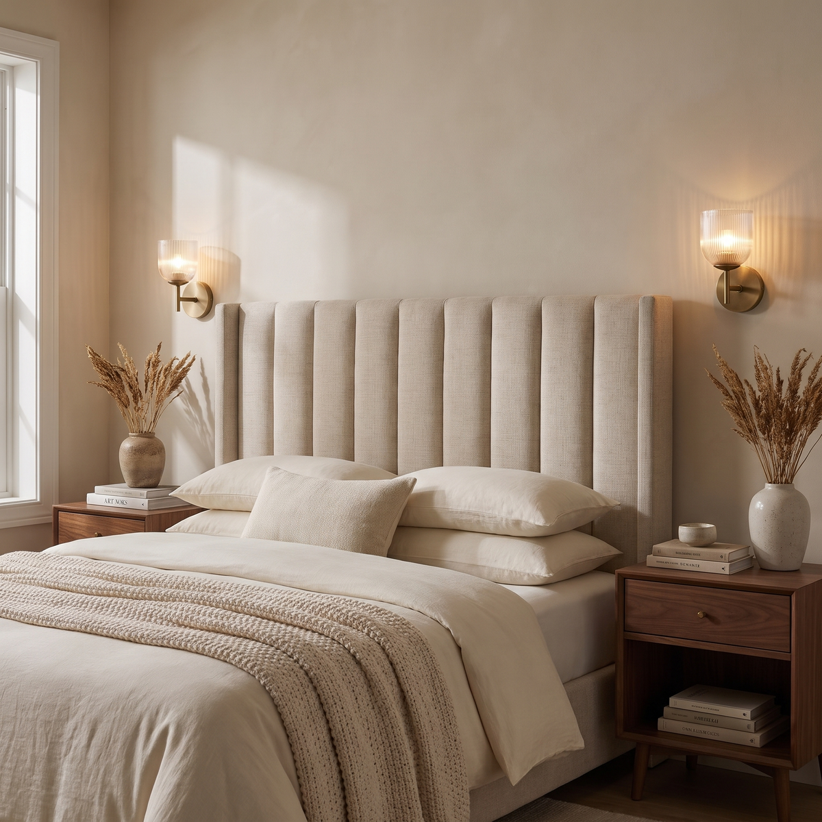 Pair of brass ribbed glass wall sconces flanking a tufted linen headboard in a serene bedroom