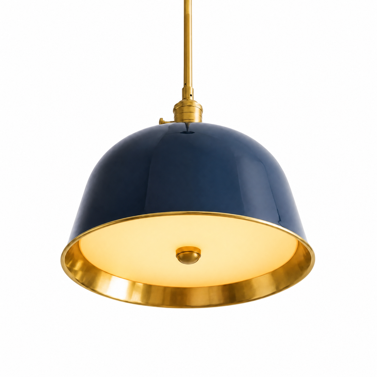 Cappello Dorato brass-lined bell pendant in Blue, lit, on white
