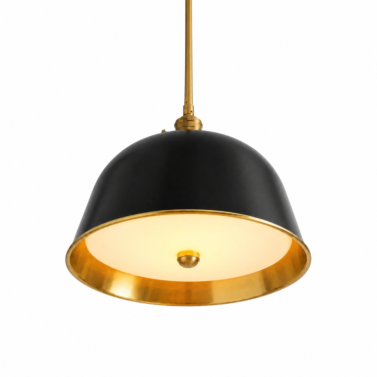 Cappello Dorato brass-lined bell pendant in Black, lit, on white