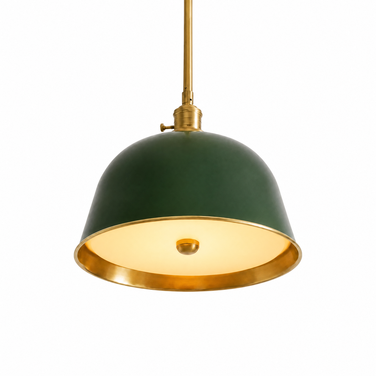Cappello Dorato brass-lined bell pendant in Green, lit, on white