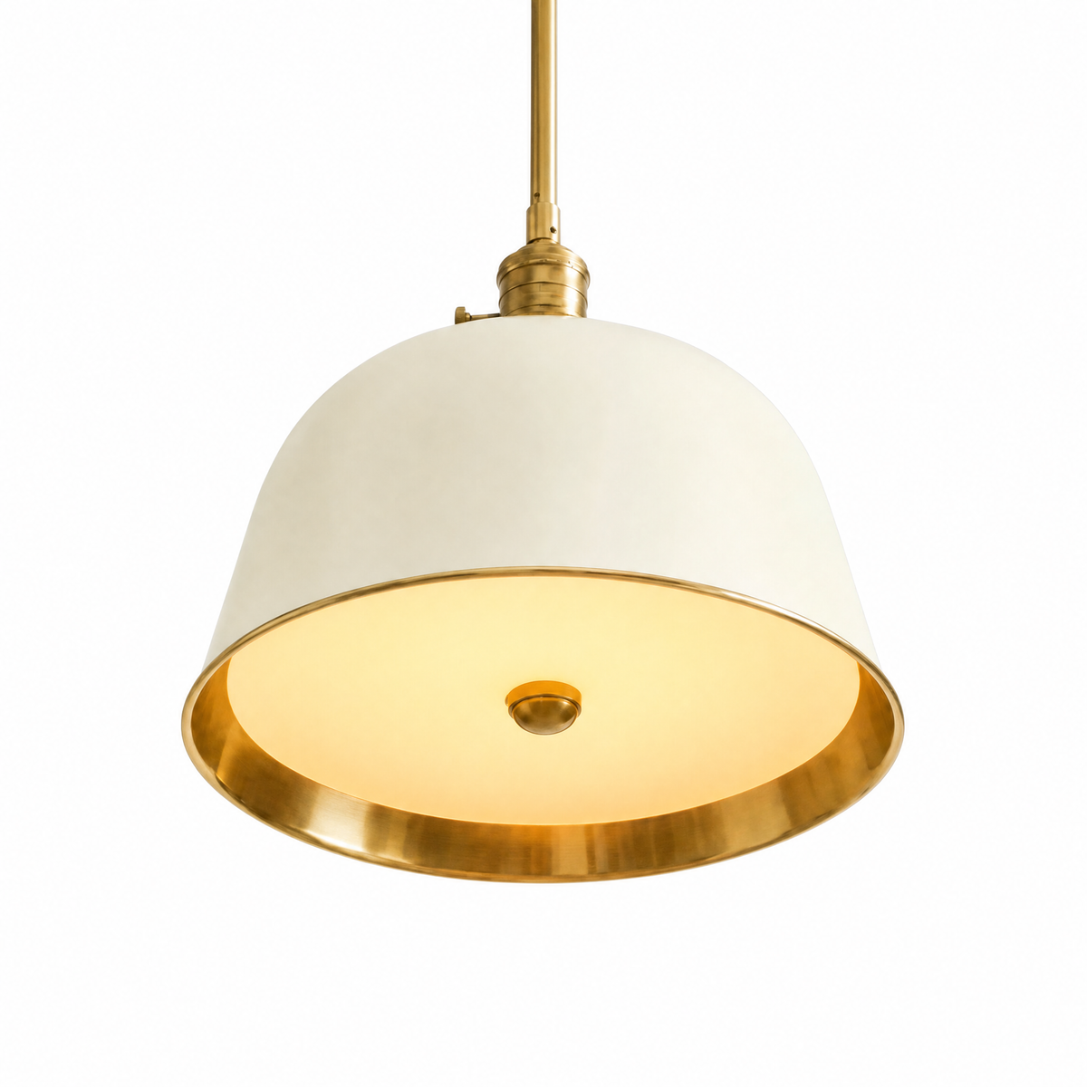Cappello Dorato brass-lined bell pendant in White, lit, on white