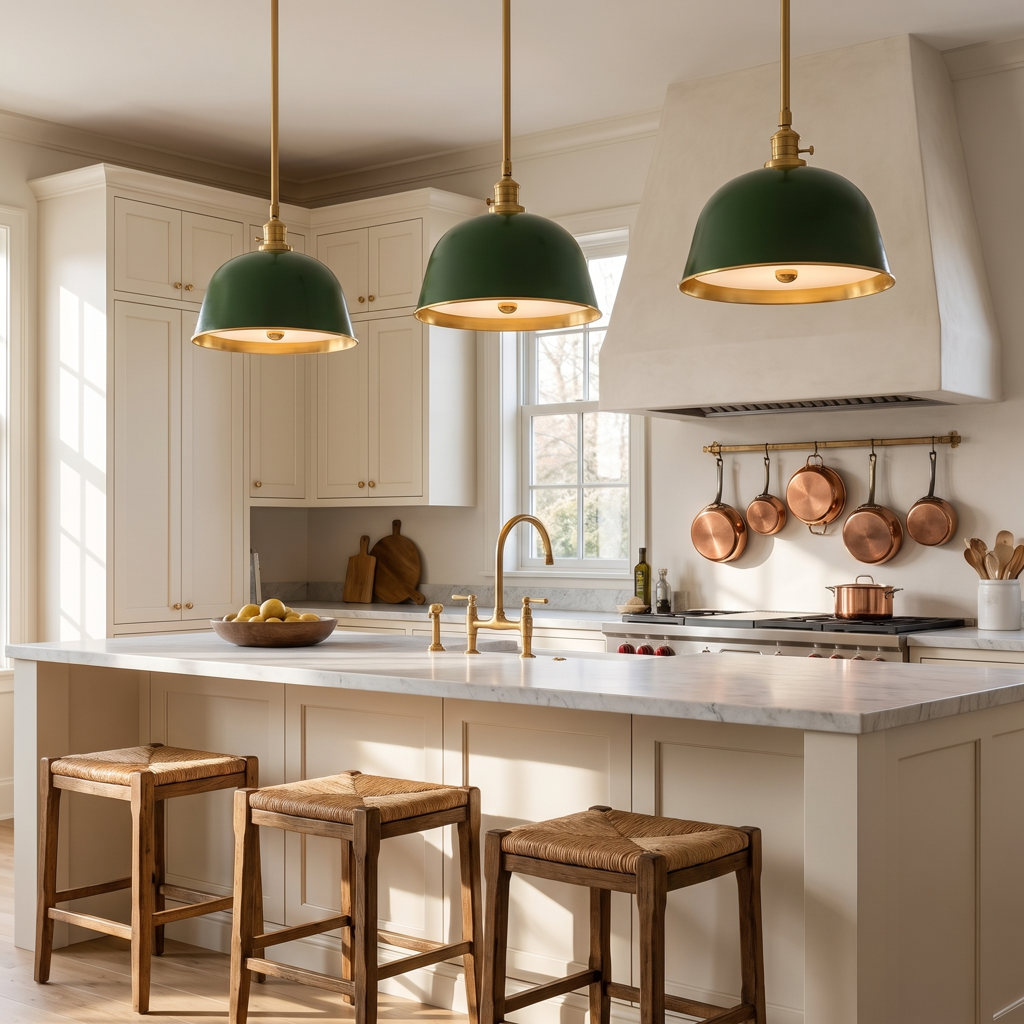 Three green brass-lined bell pendants above a marble island in an English country kitchen