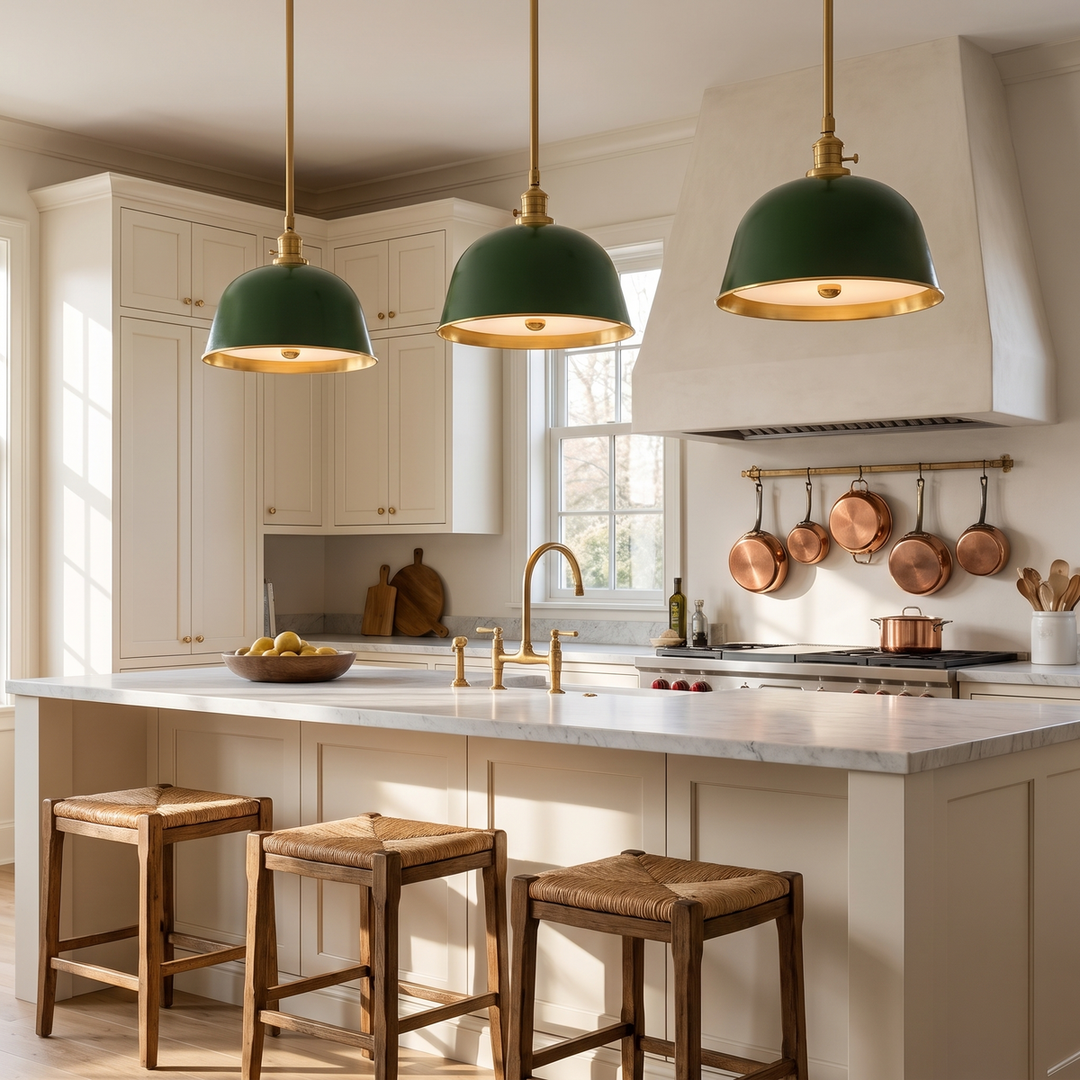 Three green brass-lined bell pendants above a marble island in an English country kitchen