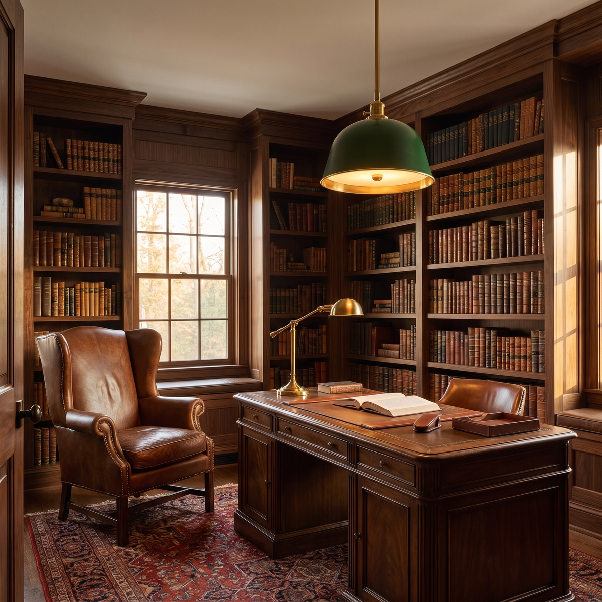 Green brass-lined bell pendant above a partners desk in a walnut home library