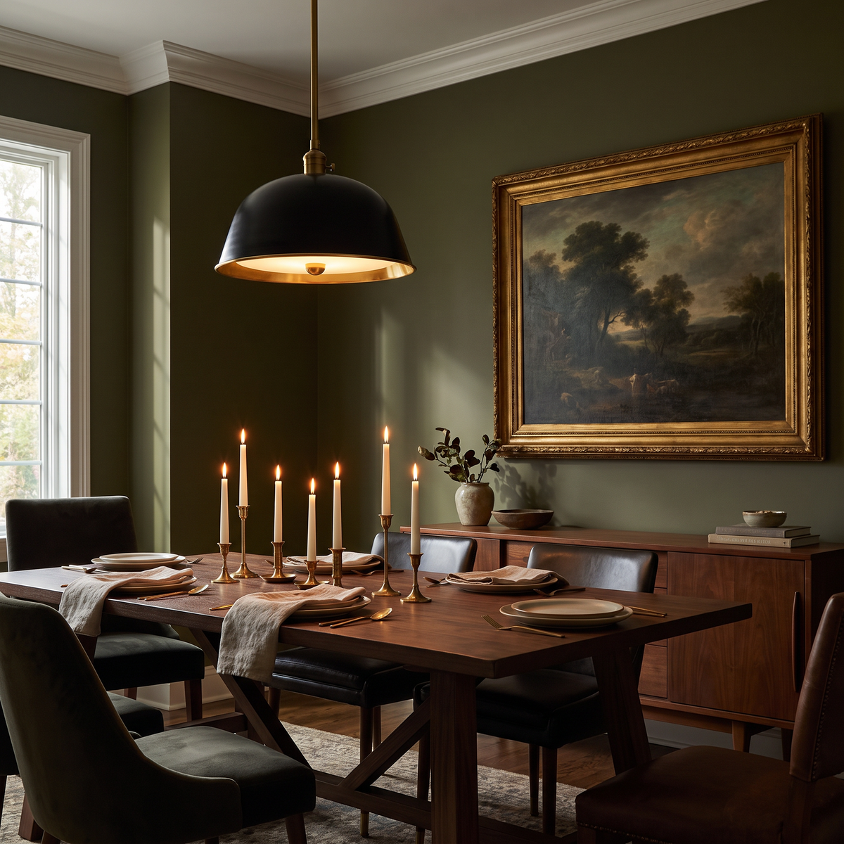 Black brass-lined bell pendant above a candlelit walnut table in an olive dining room