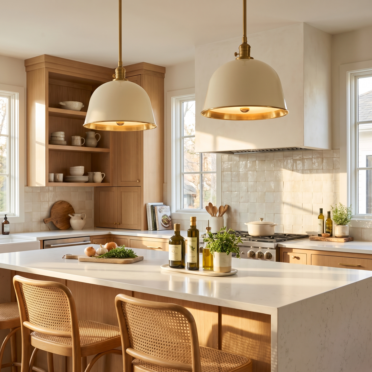 Pair of white brass-lined bell pendants above a white oak kitchen peninsula