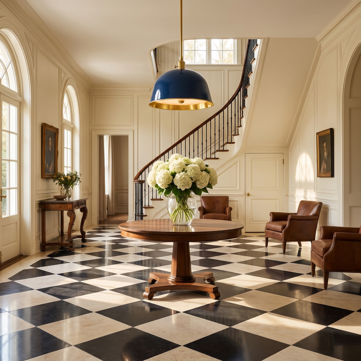 Blue brass-lined bell pendant above a round table in a checkerboard marble entry hall