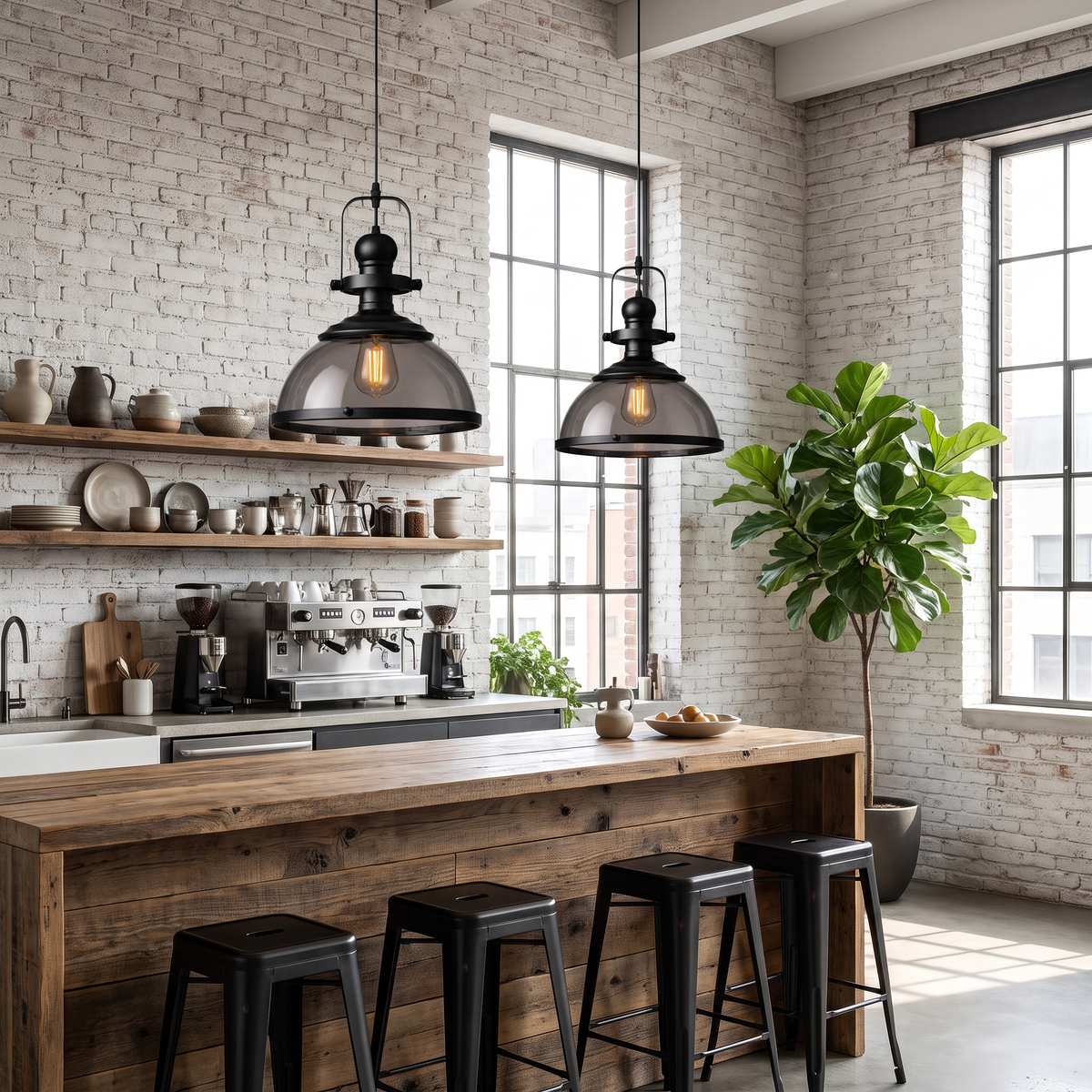 Pair of smoked glass dome pendants over a reclaimed wood coffee bar