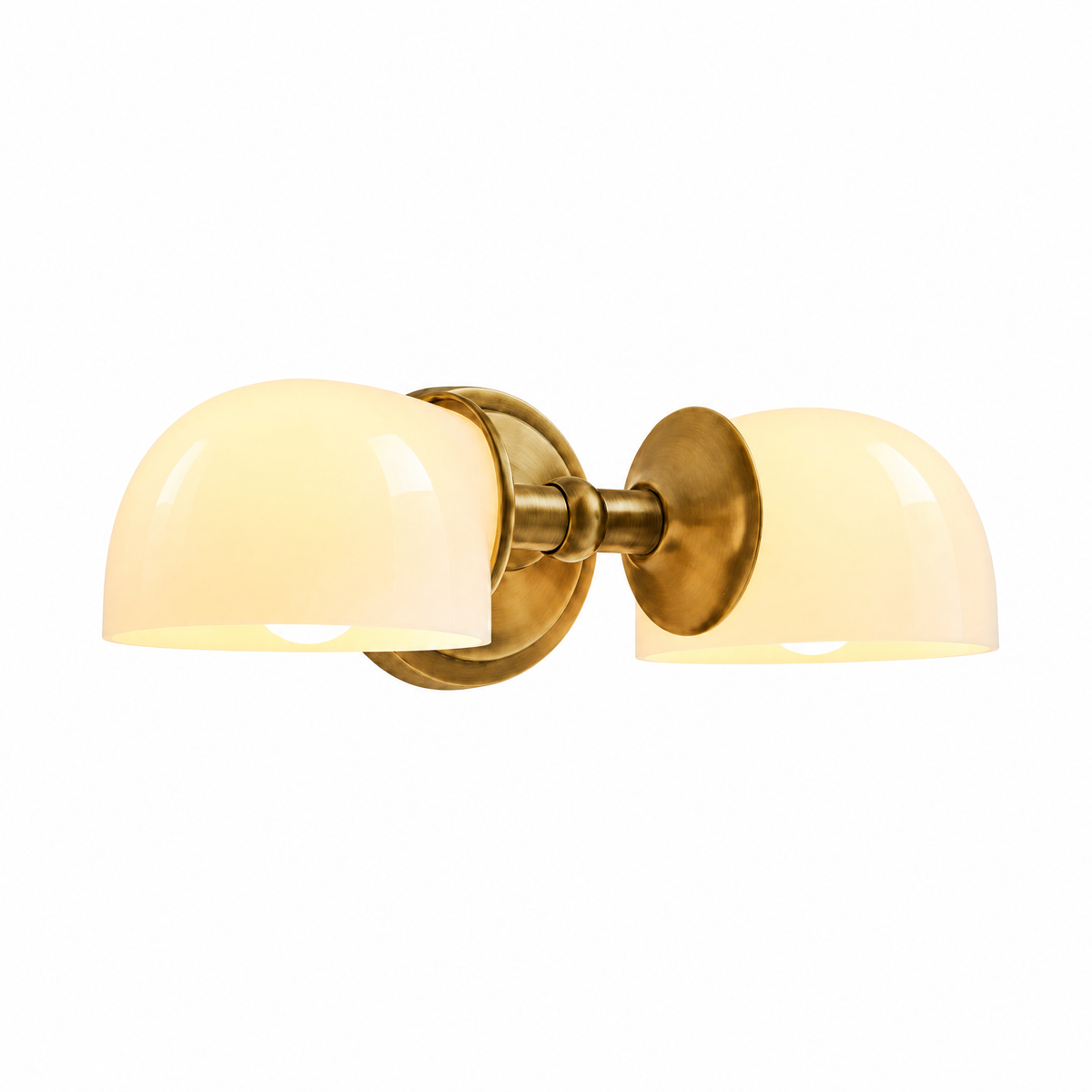 Gemelle Opaline double milk glass wall sconce in tumbled brass