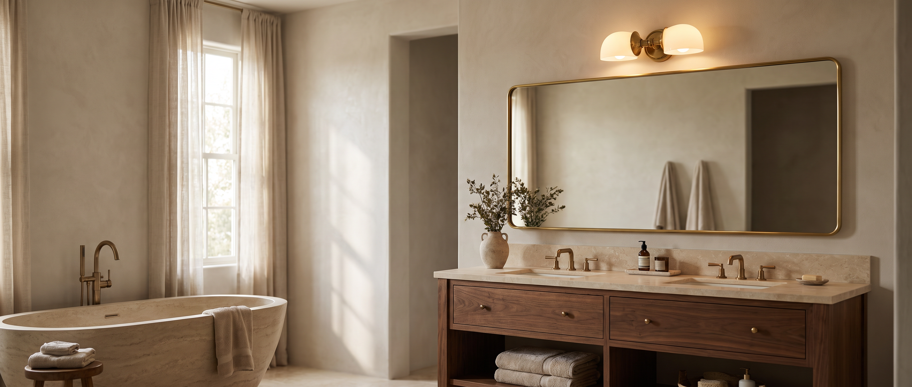 Tumbled brass double milk glass sconce above a walnut double vanity