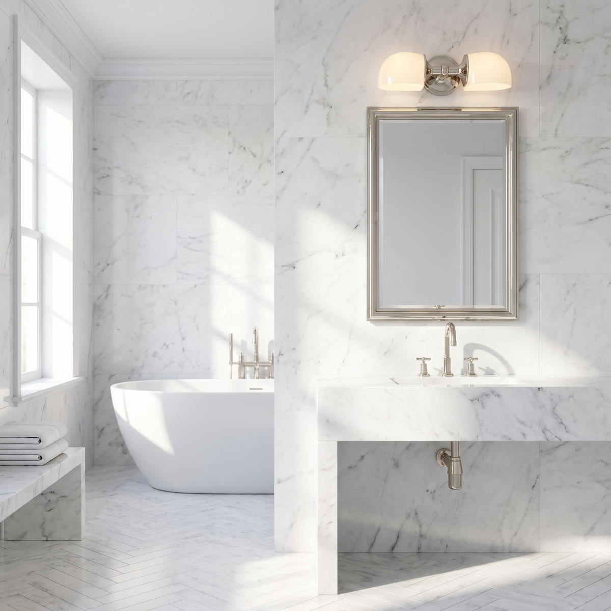 Polished nickel double milk glass sconce above a vanity mirror in a marble bathroom