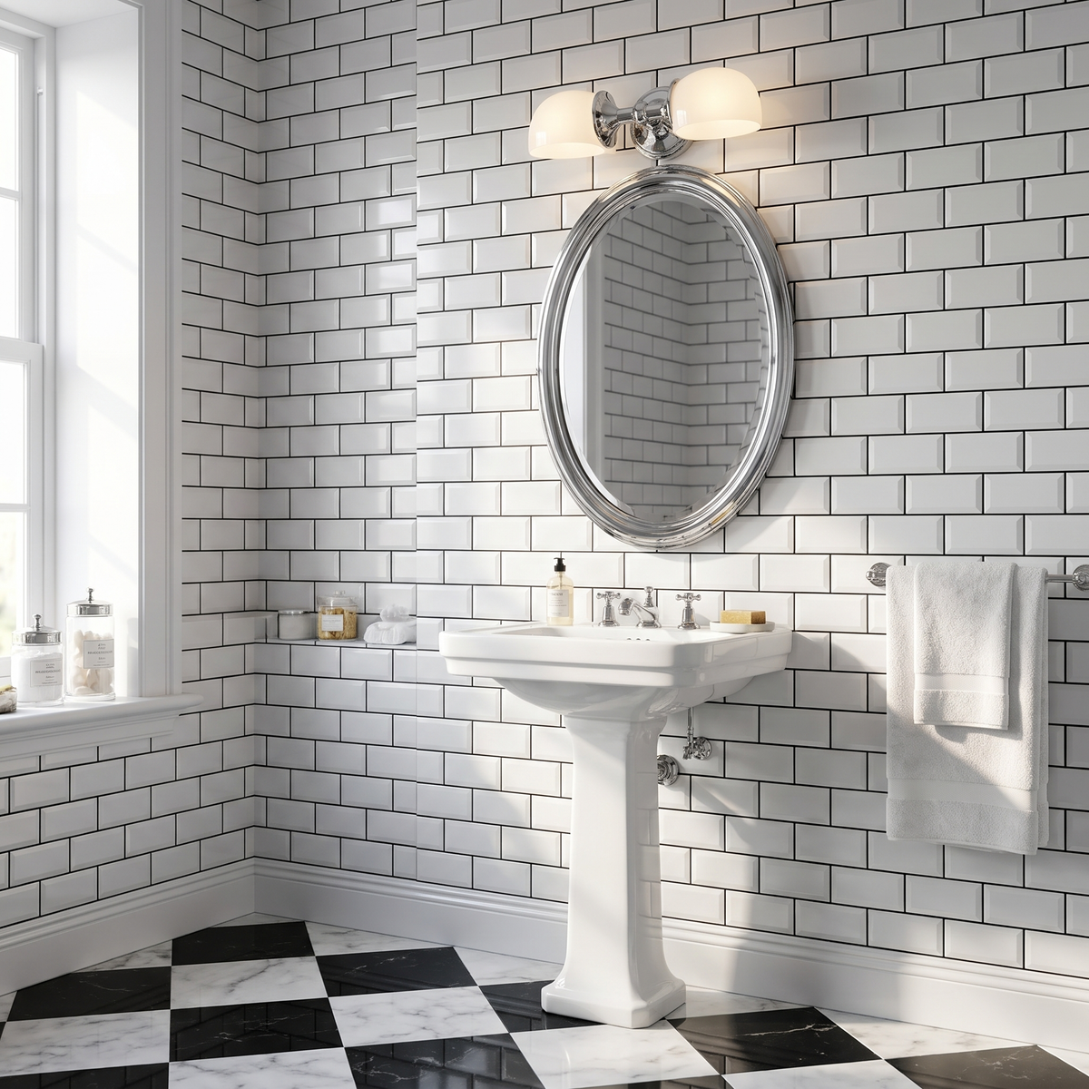 Chrome double milk glass sconce above an oval mirror in a subway tile bathroom