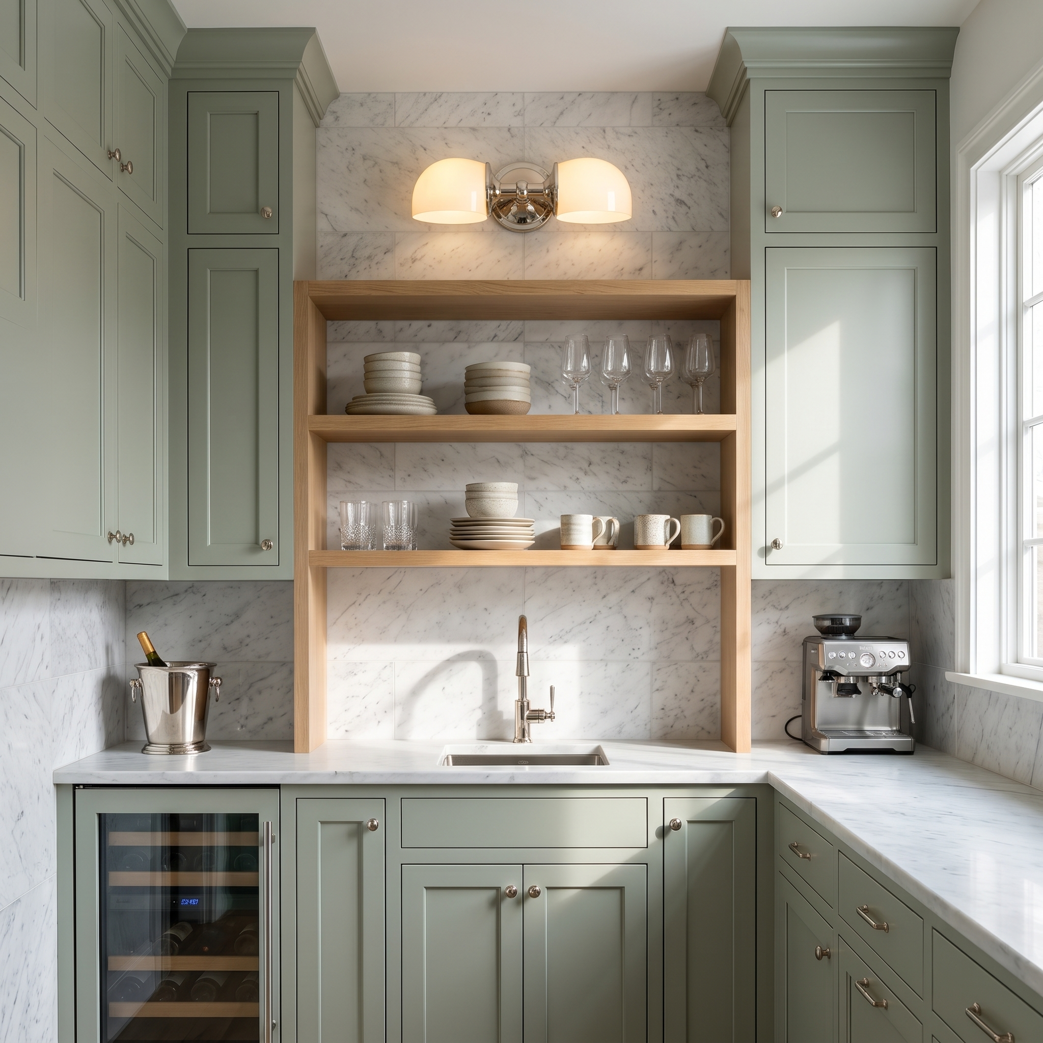 Polished nickel double milk glass sconce above open shelves in a sage butler's pantry