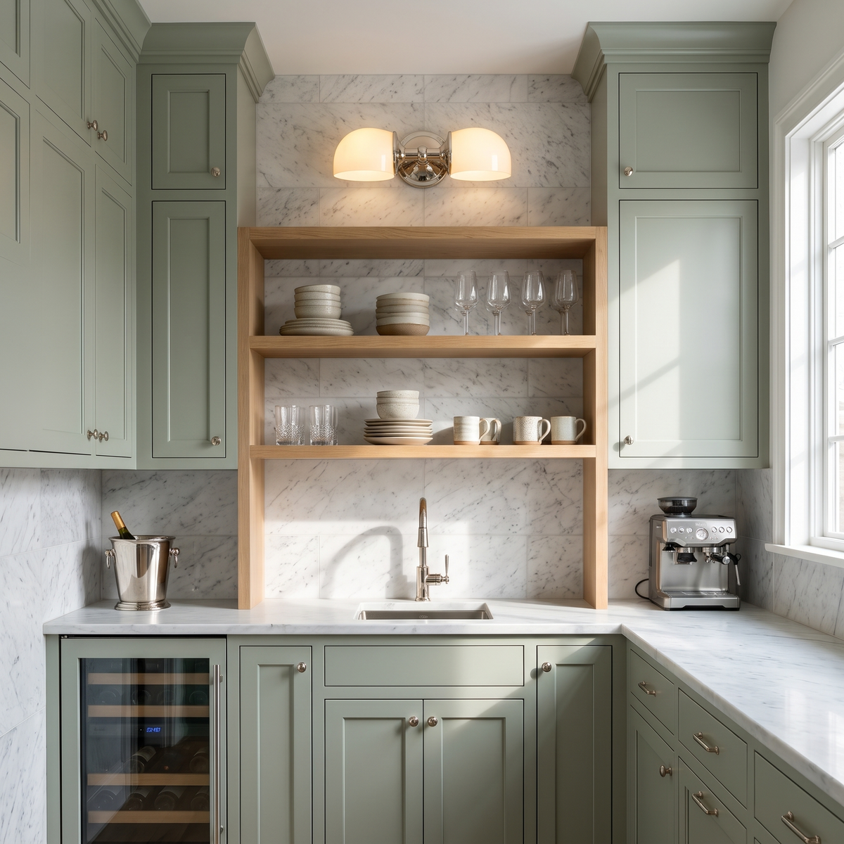 Polished nickel double milk glass sconce above open shelves in a sage butler's pantry