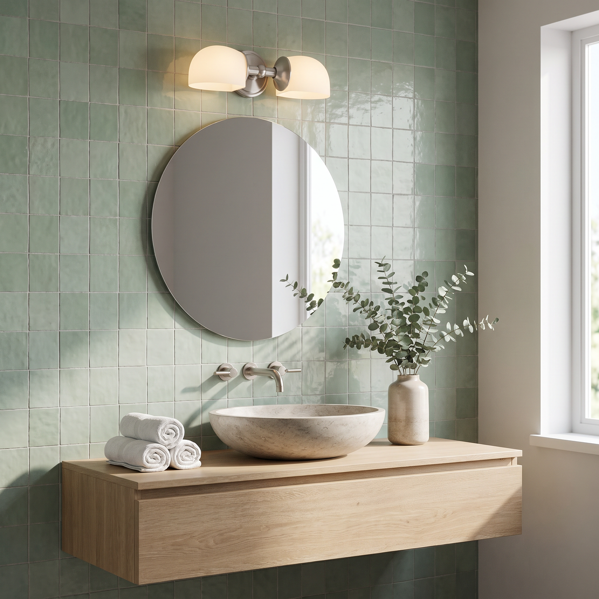 Satin nickel double milk glass sconce above a round mirror on green zellige tile