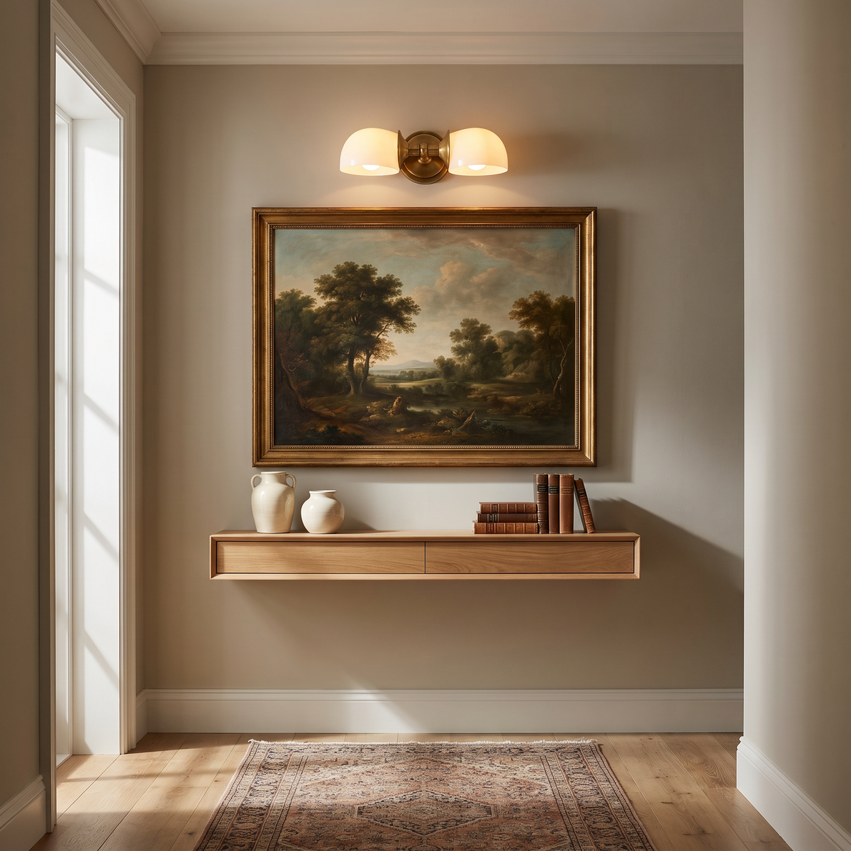 Tumbled brass double milk glass sconce as a picture light in a hallway