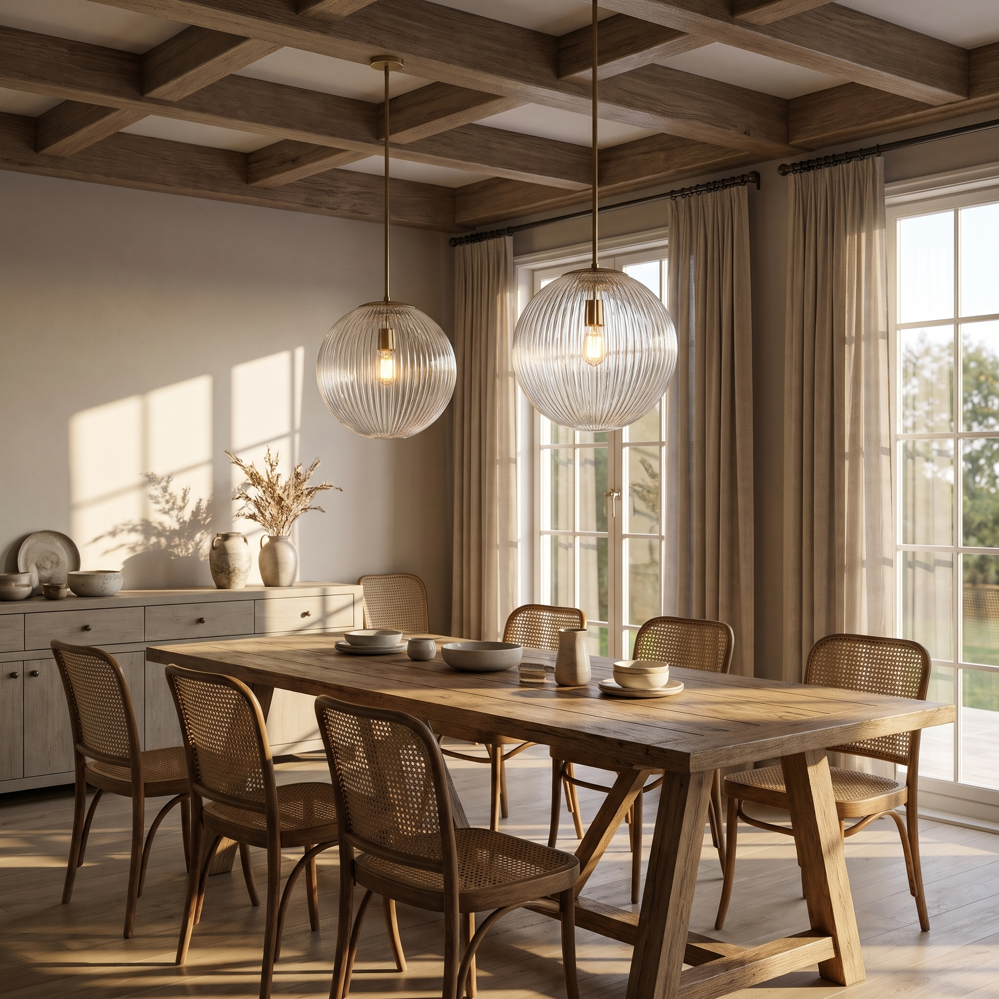 Pair of brass ribbed glass globe pendants over a rustic oak dining table