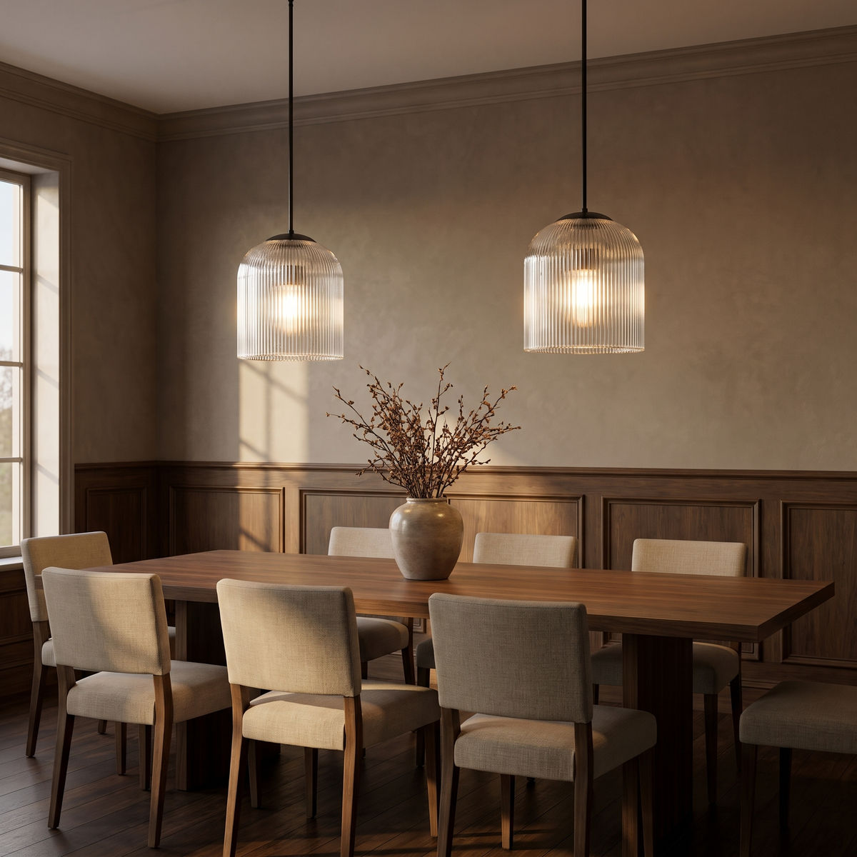 Pair of bronze ribbed glass dome pendants over a walnut dining table