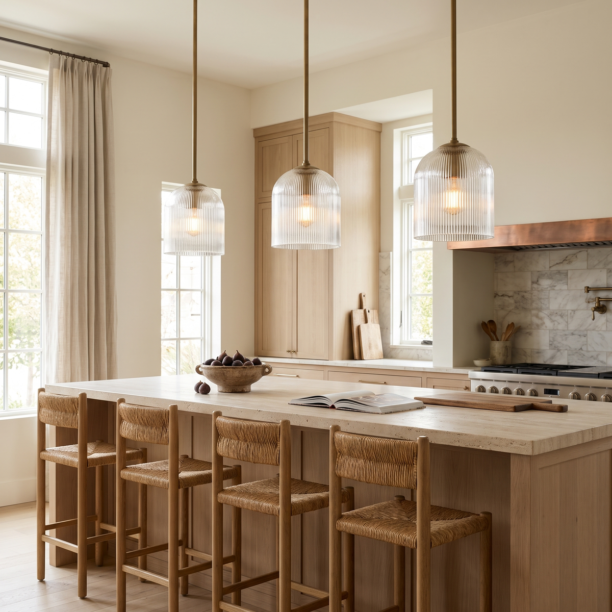 Row of three brass ribbed glass dome pendants over a white oak kitchen island