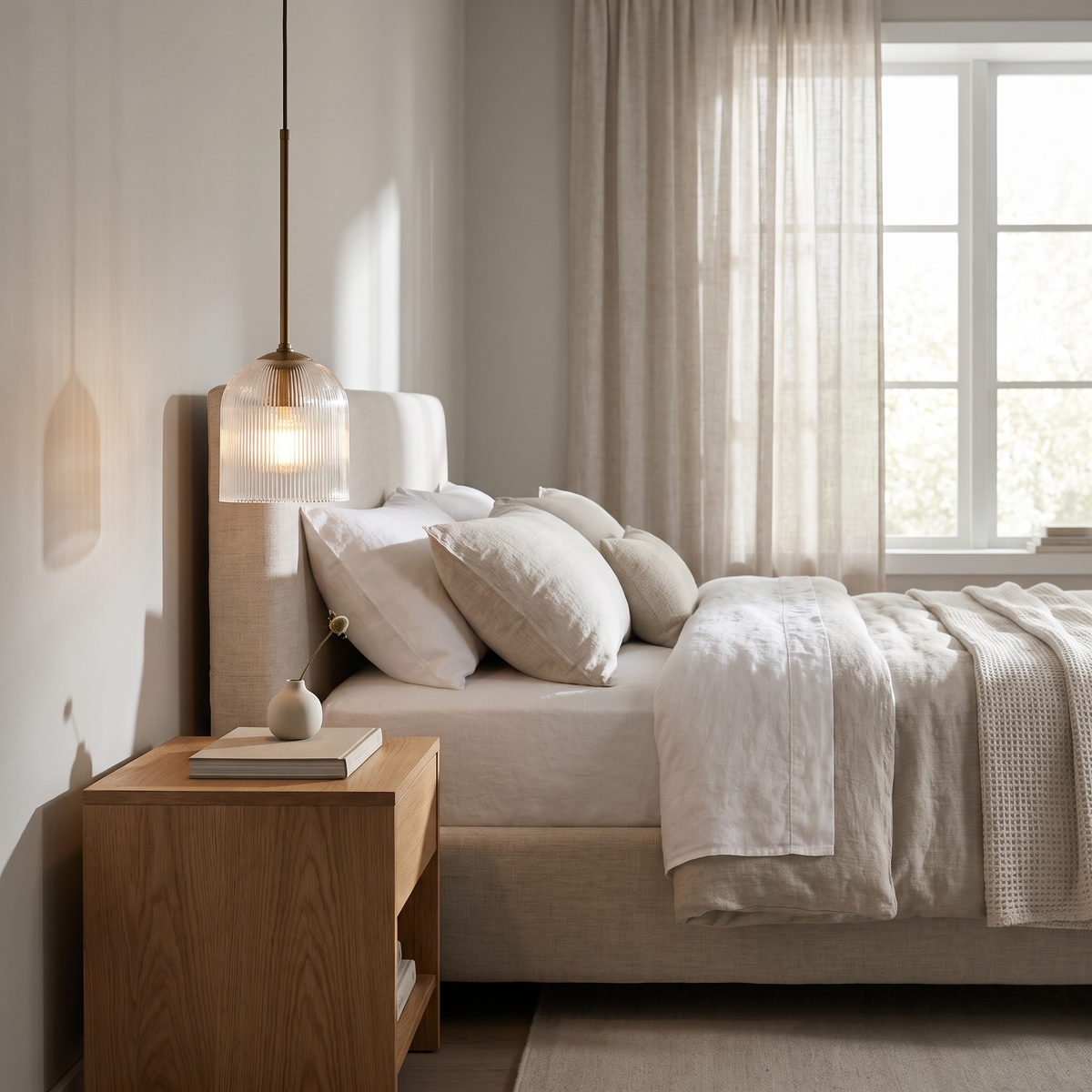 Petite brass ribbed glass dome pendant used as a bedside light