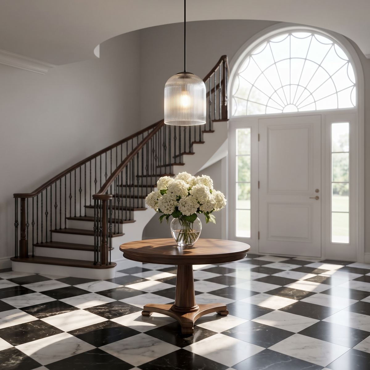 Bronze ribbed glass dome pendant in a marble entry foyer