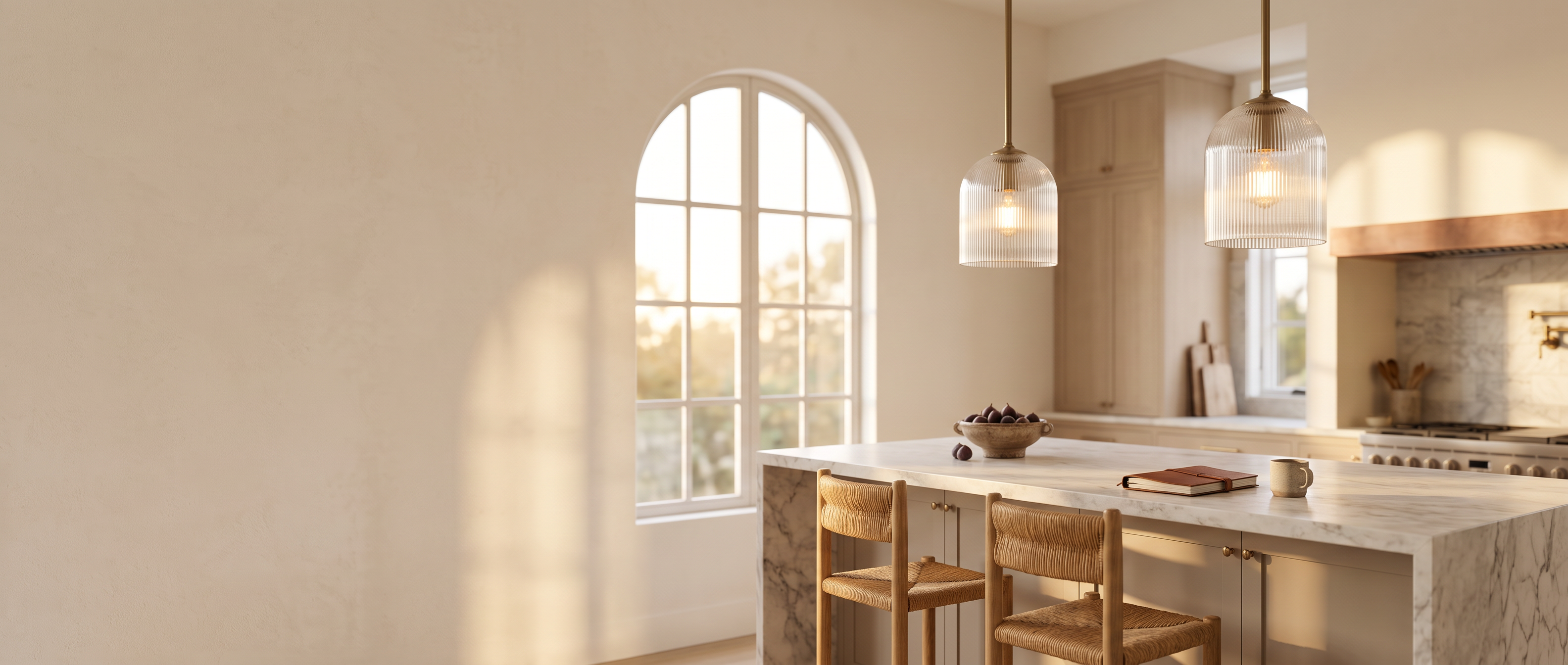 Brass ribbed glass dome pendants over a marble kitchen island