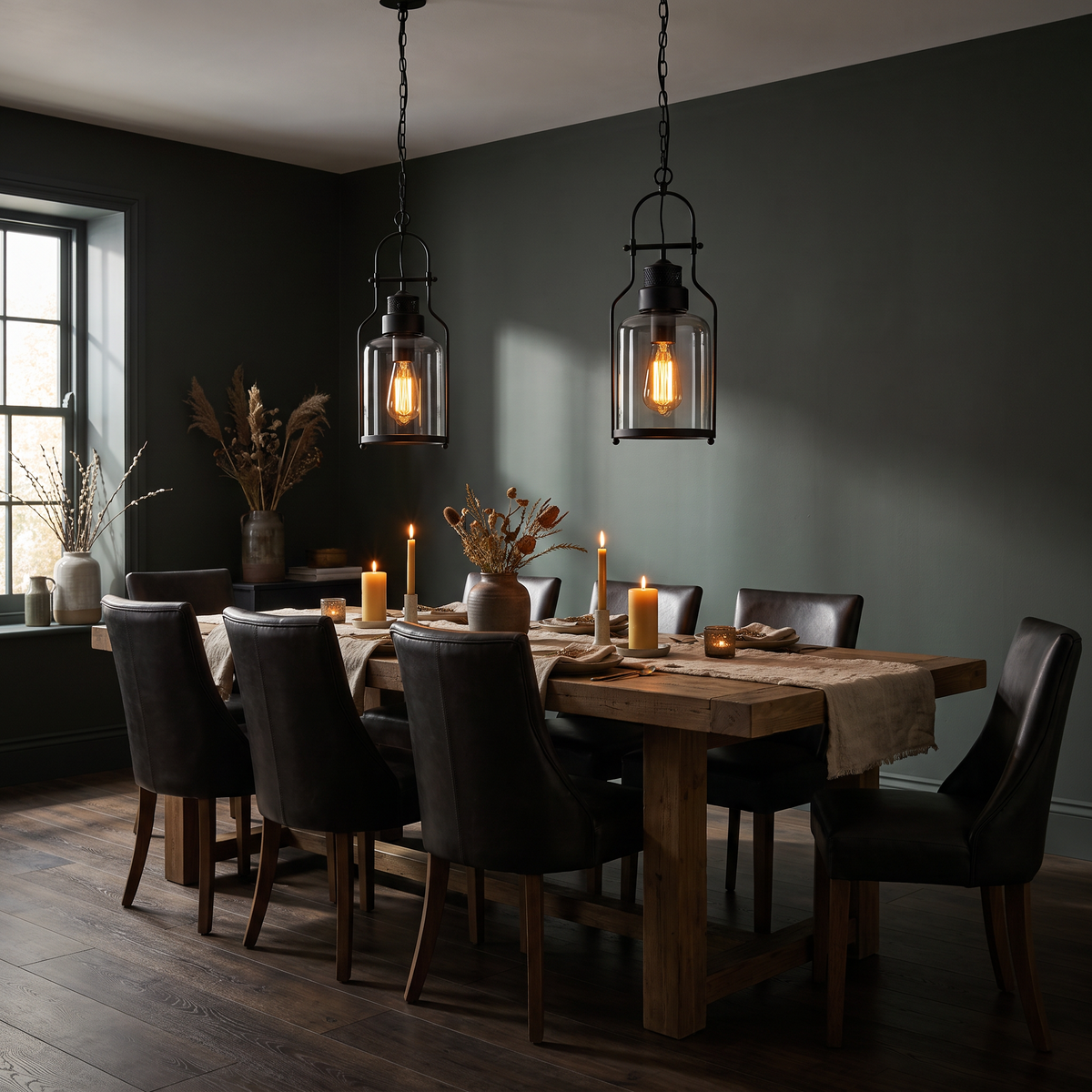 Pair of black smoked glass jar pendants over a candlelit dining table