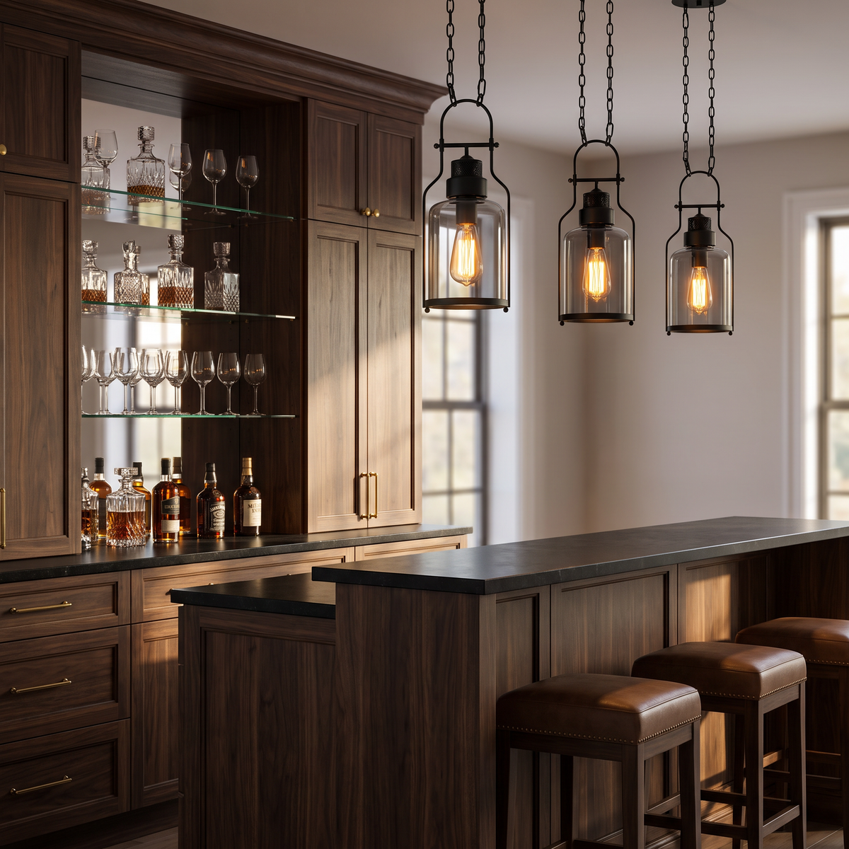 Row of black smoked glass jar pendants over a walnut home bar