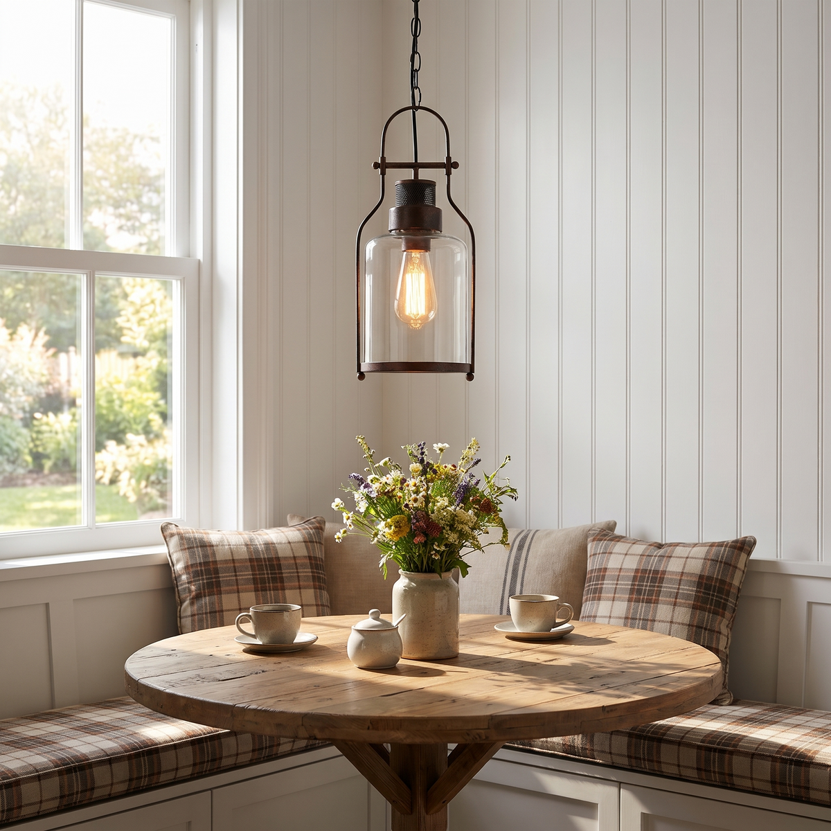 Rust glass jar pendant above a cozy breakfast nook