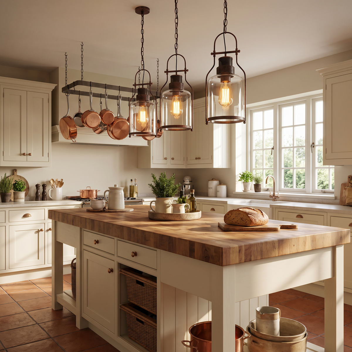 Three rust glass jar pendants over a butcher block island in a cottage kitchen