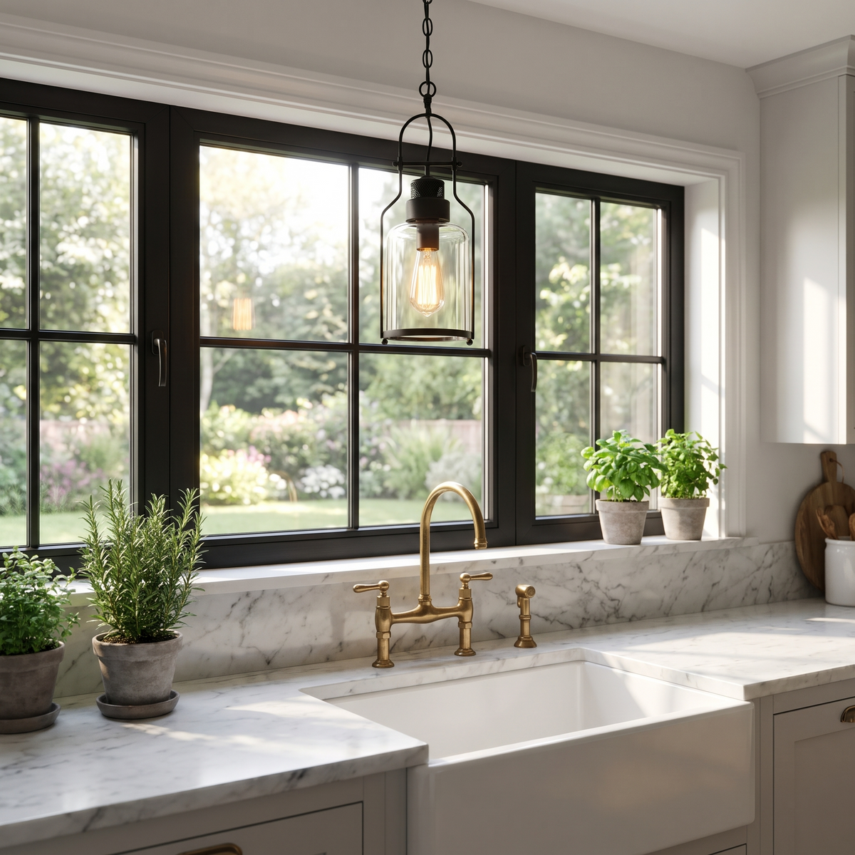 Black glass jar pendant above a farmhouse kitchen sink