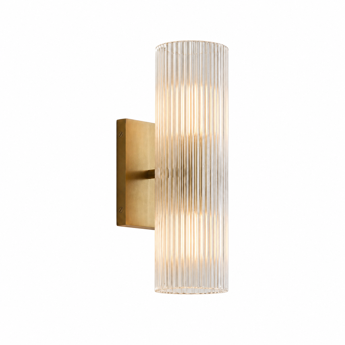 Colonna Velata tube wall sconce in brass with ribbed glass shade