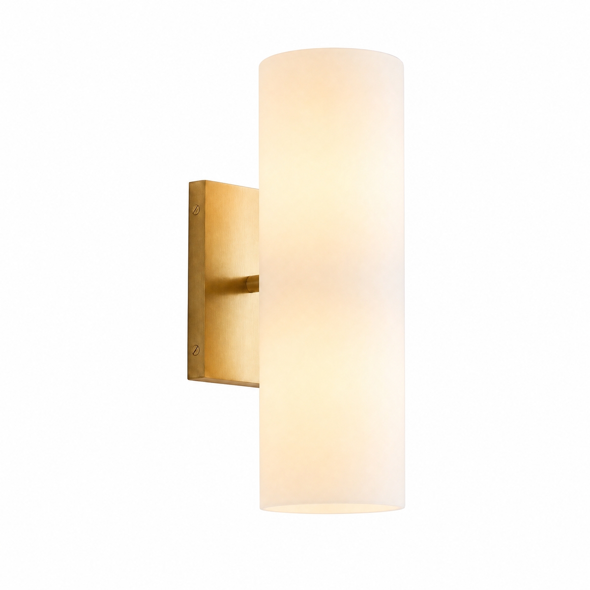 Colonna Velata tube wall sconce in brass with milk glass shade