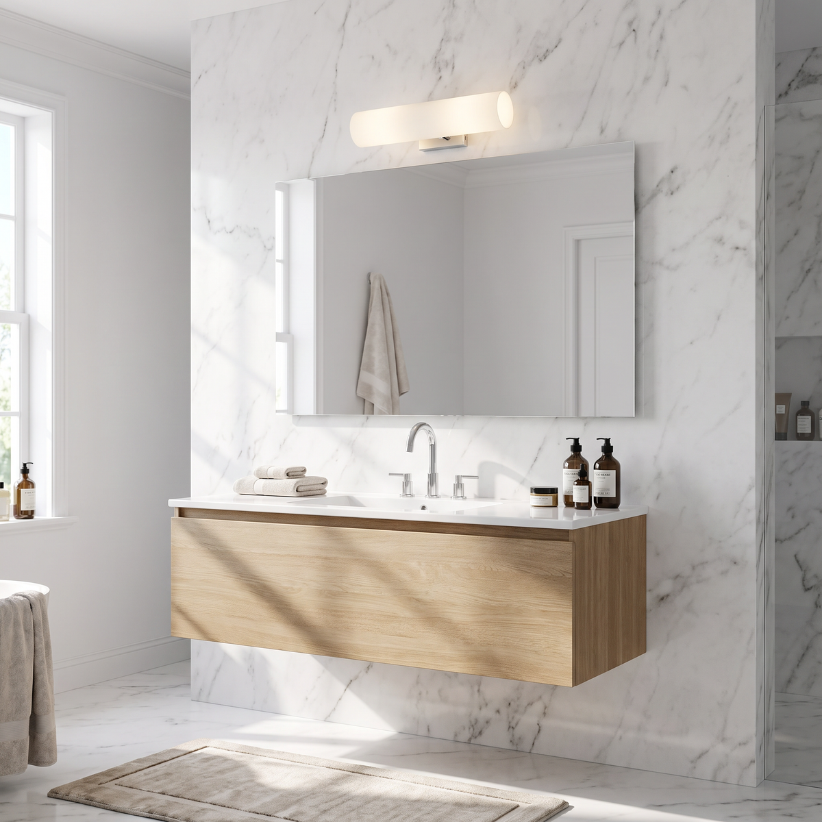 Chrome milk glass tube sconce mounted horizontally above a bathroom mirror