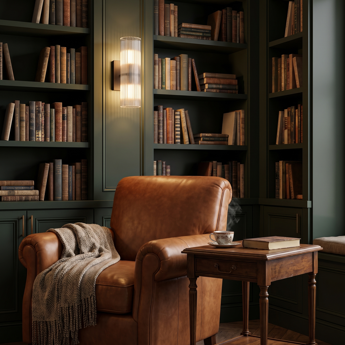Bronze ribbed glass tube sconce above a leather reading chair in a library