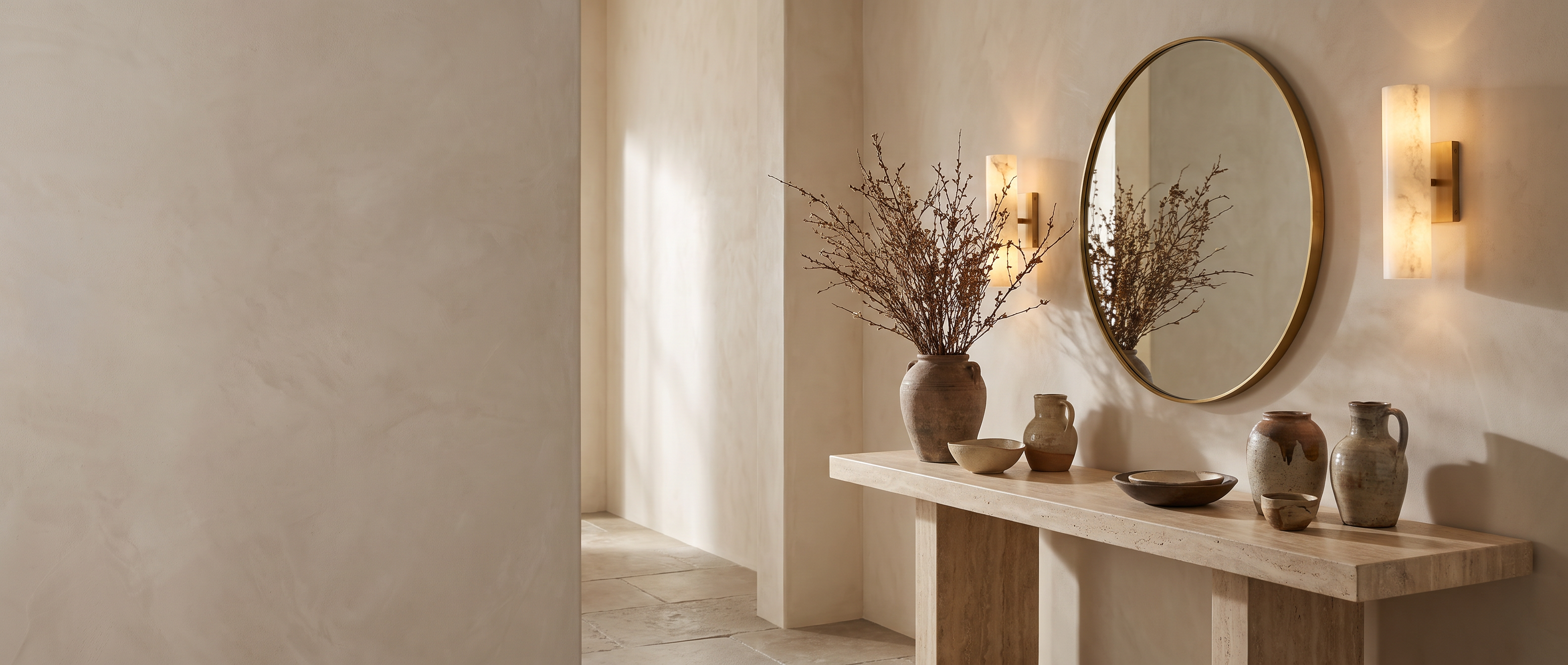 Brass alabaster tube sconces flanking a round mirror above a travertine console