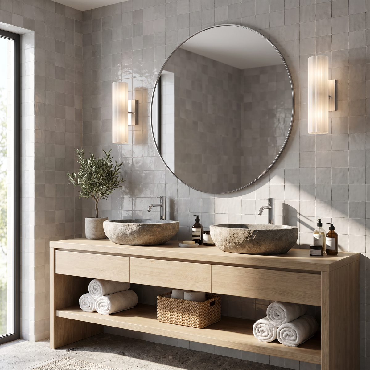 Pair of chrome frosted glass tube sconces beside a round bathroom mirror