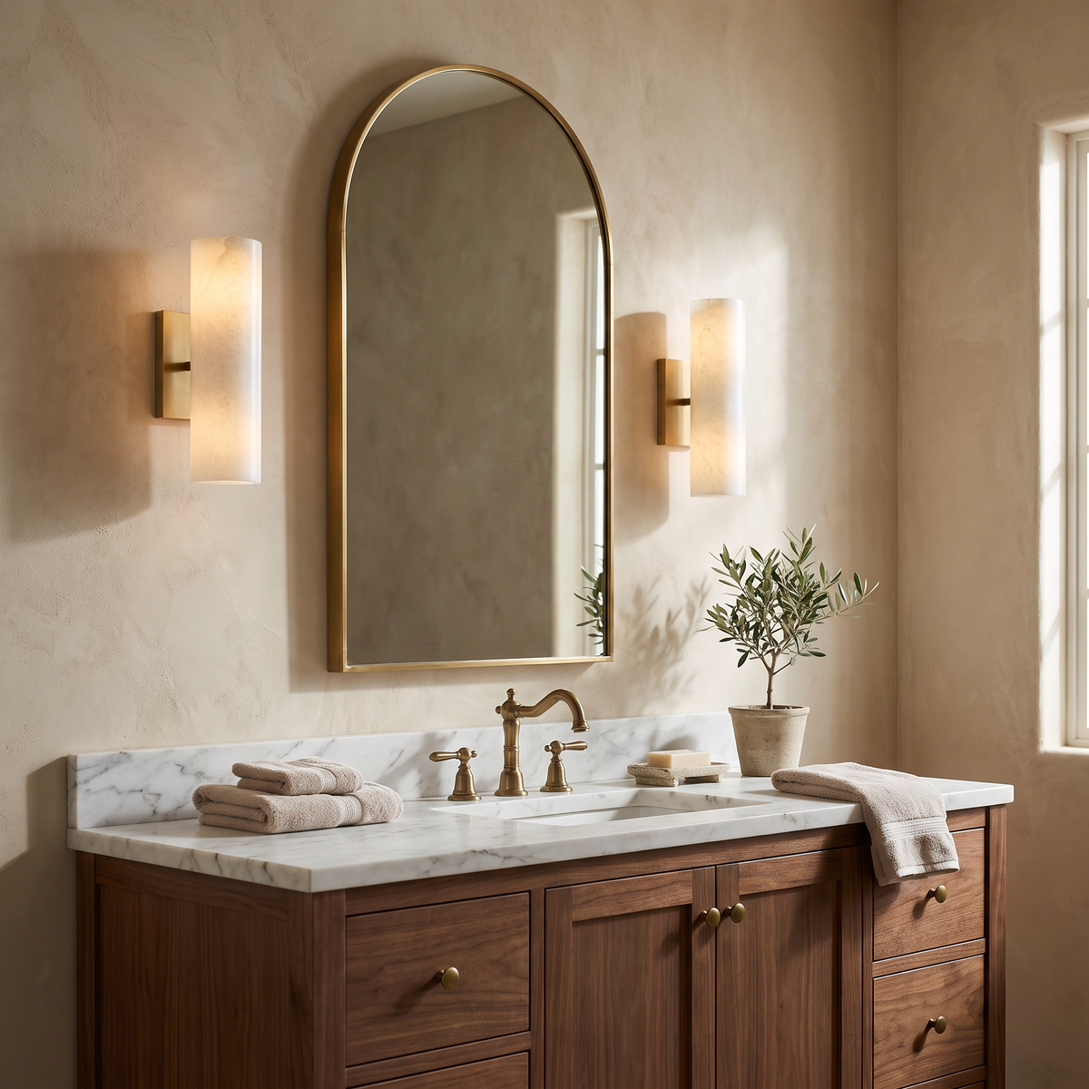 Pair of brass alabaster tube sconces flanking an arched mirror in a powder room