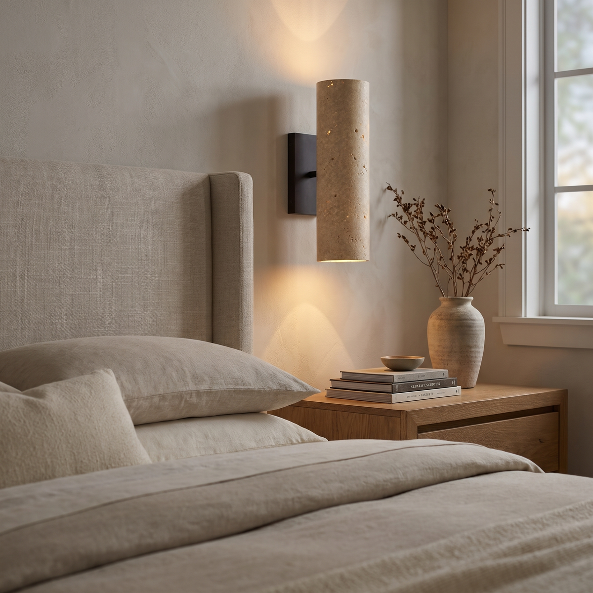 Bronze travertine tube sconce as a bedside reading light