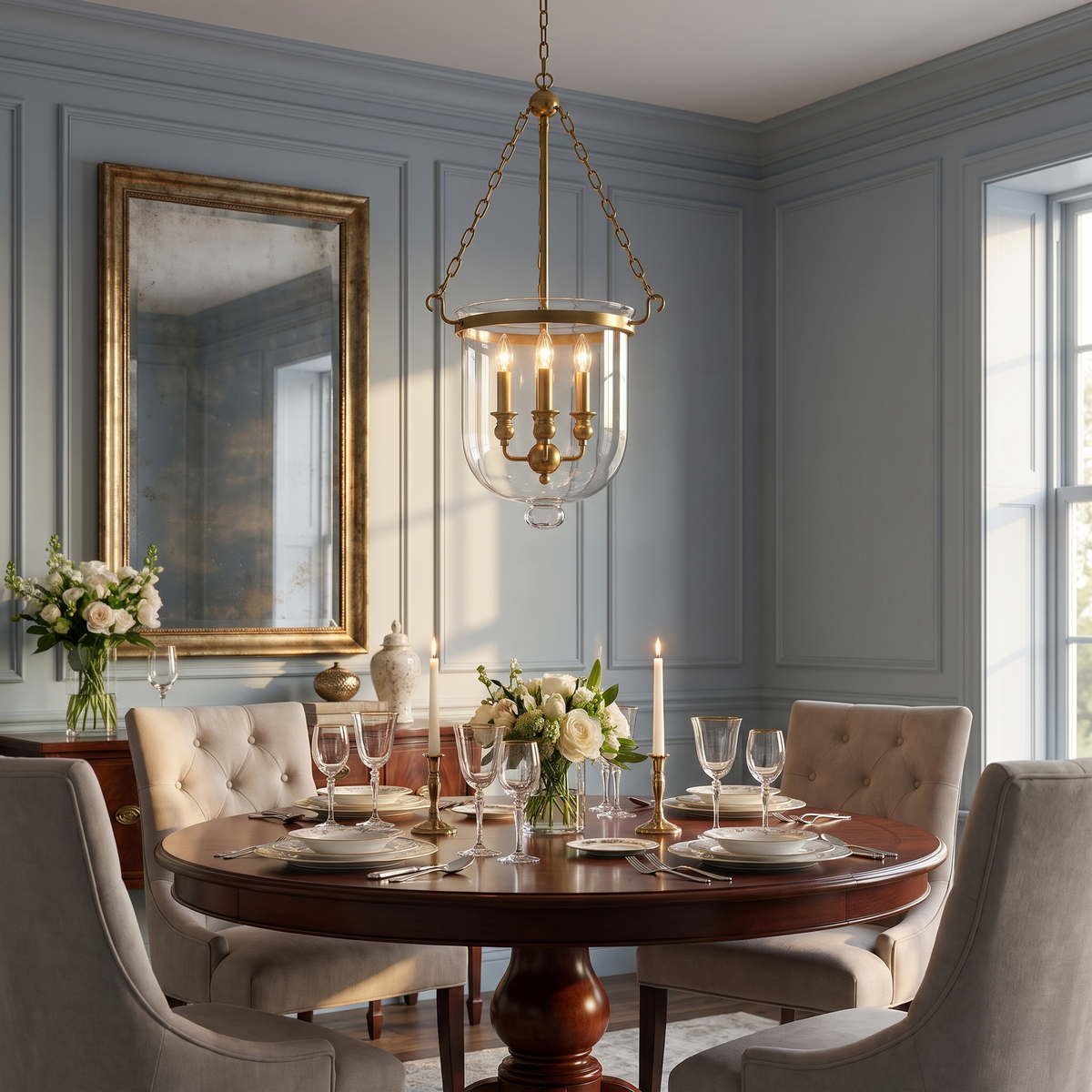 Brass bell jar pendant over a round mahogany dining table