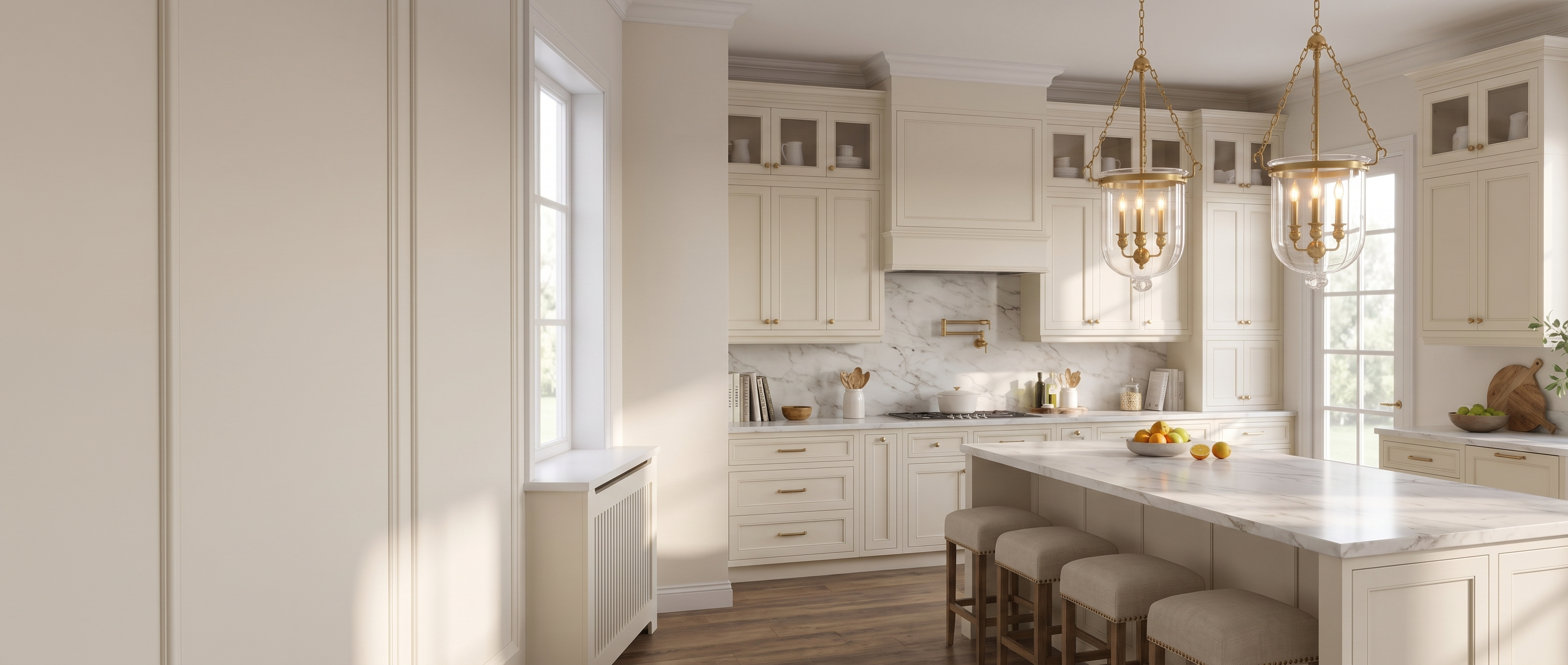 Brass bell jar pendants over a marble island in a cream kitchen