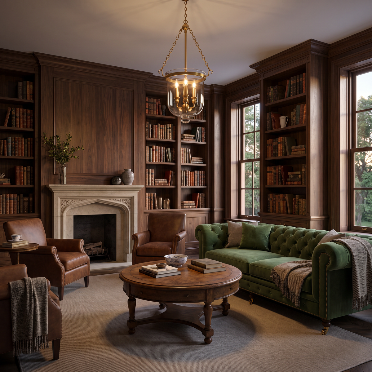 Brass bell jar pendant above a coffee table in a walnut library