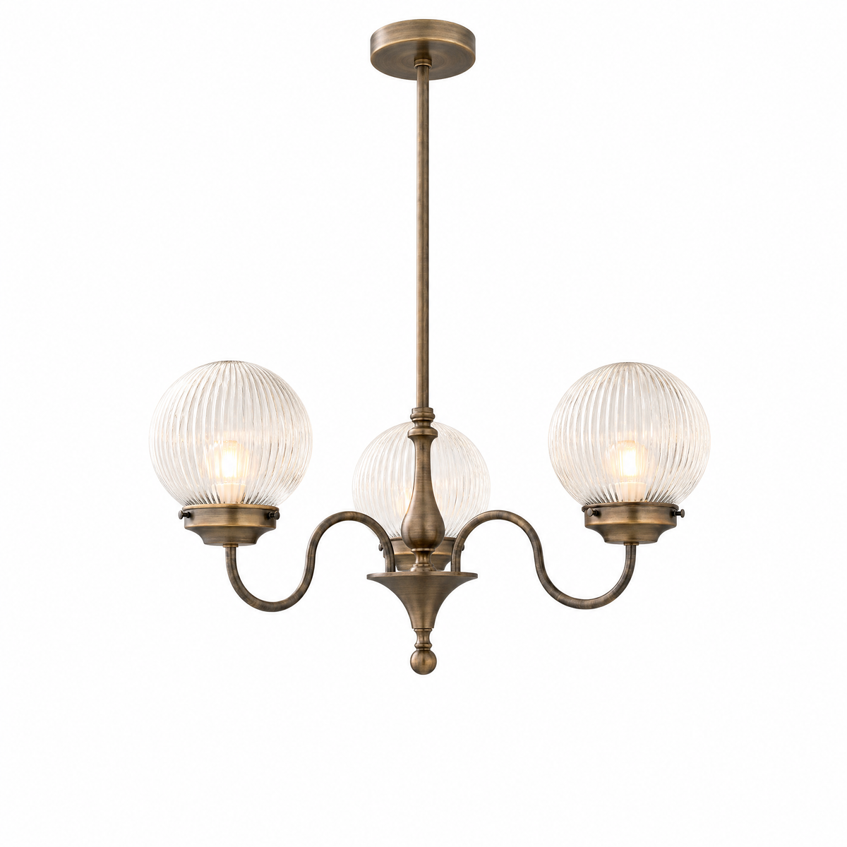 Lucciola Dorata antique brass chandelier with three ribbed glass globes