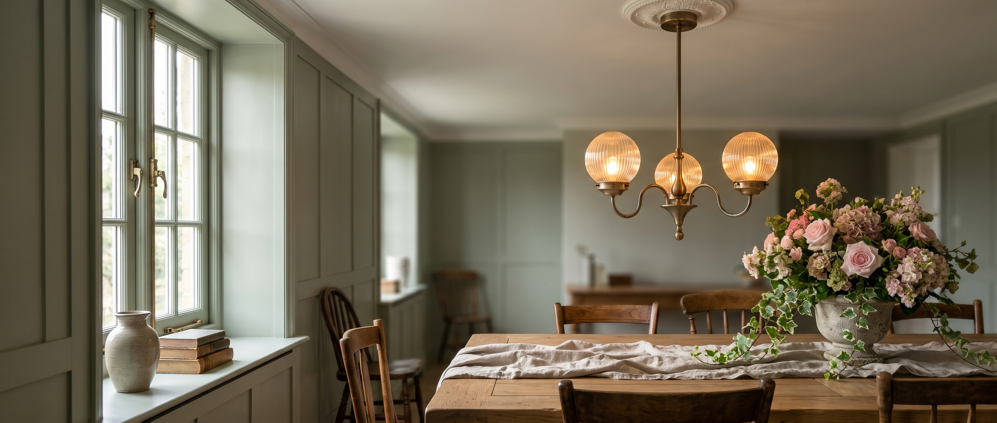 Antique brass globe chandelier over a long oak dining table